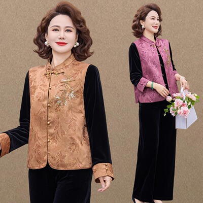 新中式风妈妈春装洋气金丝绒马甲套装新款中老年女装阔太太三件套