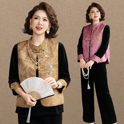 新中式妈妈春装国风金丝绒三件套女2026新款中老年春秋款马甲套装