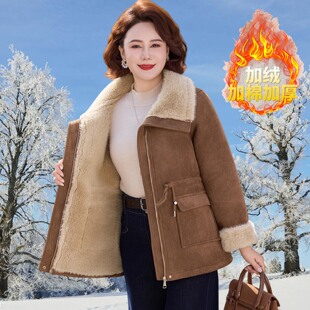 新款 皮毛一体外套洋气中老年人加绒加厚麂皮绒保暖上衣女 妈妈冬装