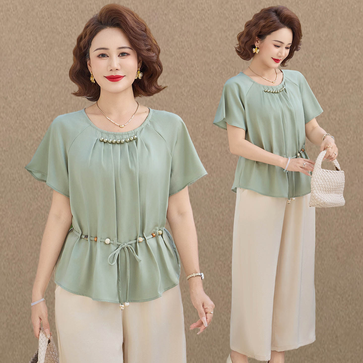 妈妈夏装洋气短袖T恤小衫女2026新款中老年气质雪纺上衣两件套装