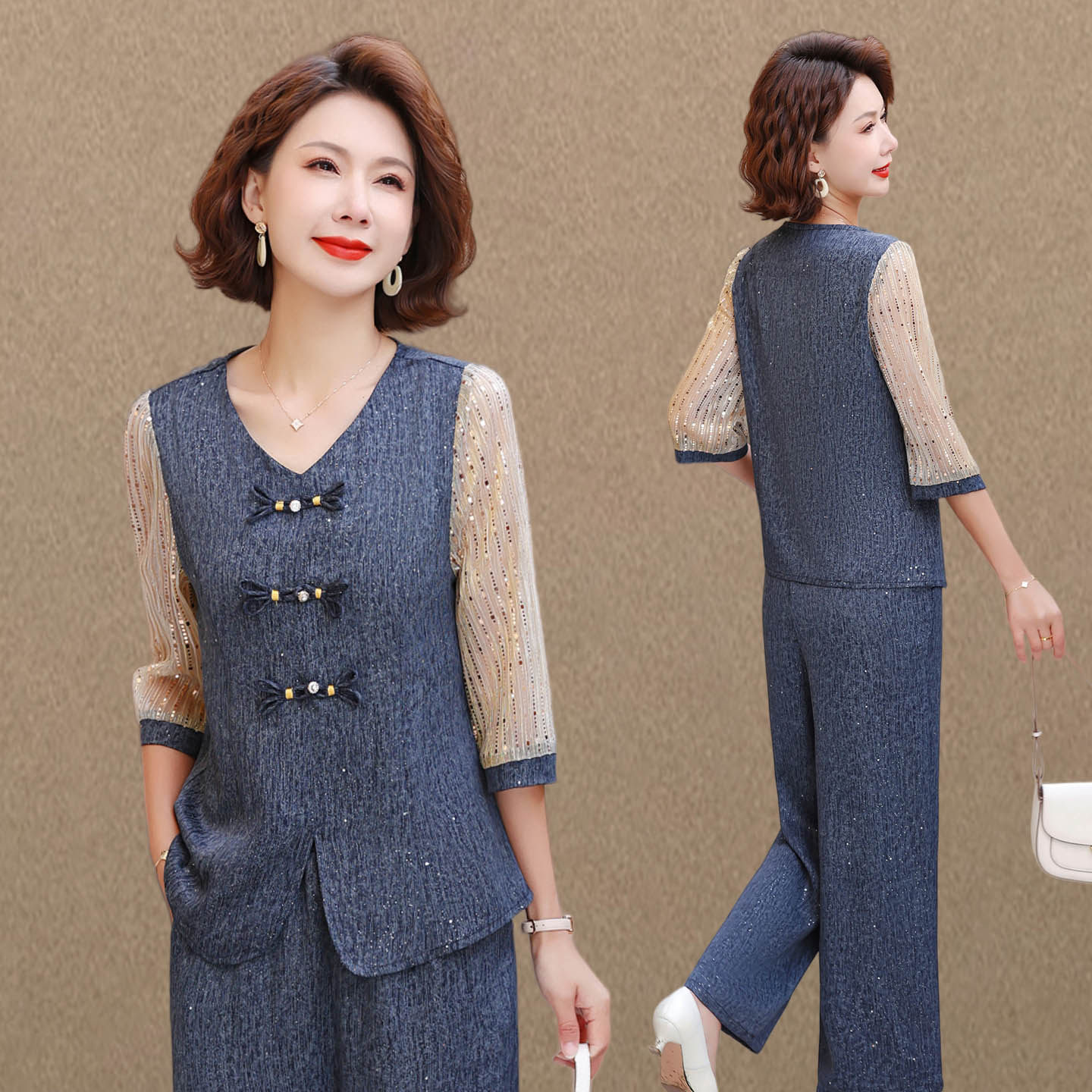 妈妈夏装新中式七分袖套装女2026新款中老年人洋气上衣裤子两件套