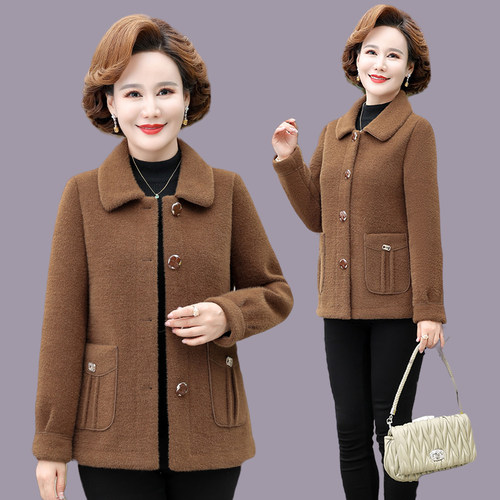 妈妈秋冬装皮毛一体外套毛呢上衣