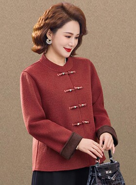 新款妈妈春装小香风毛呢外套女短款洋气中老年人春秋款双面呢上衣