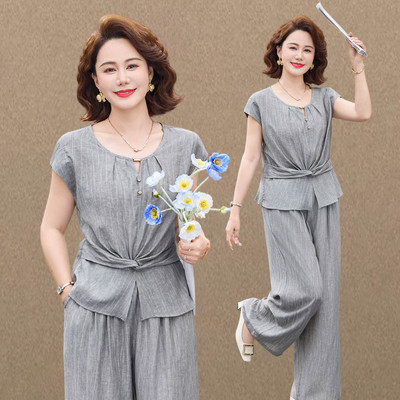 时尚妈妈装套装洋气显瘦短袖上衣阔腿裤气质两件套女2026夏季新款