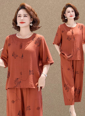 妈妈夏装棉麻套装国风上衣2026新款中老年女装奶奶装夏季短袖小衫