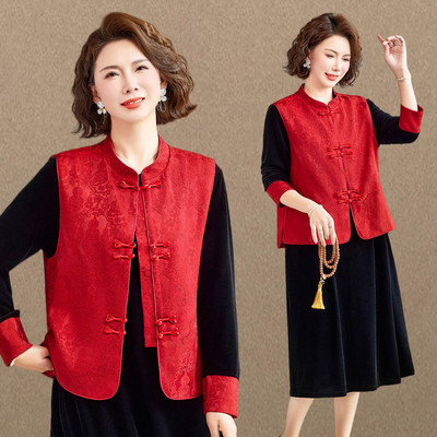 妈妈春装盘扣马甲套装中老年春秋气质显瘦两件套连衣裙女2026新款