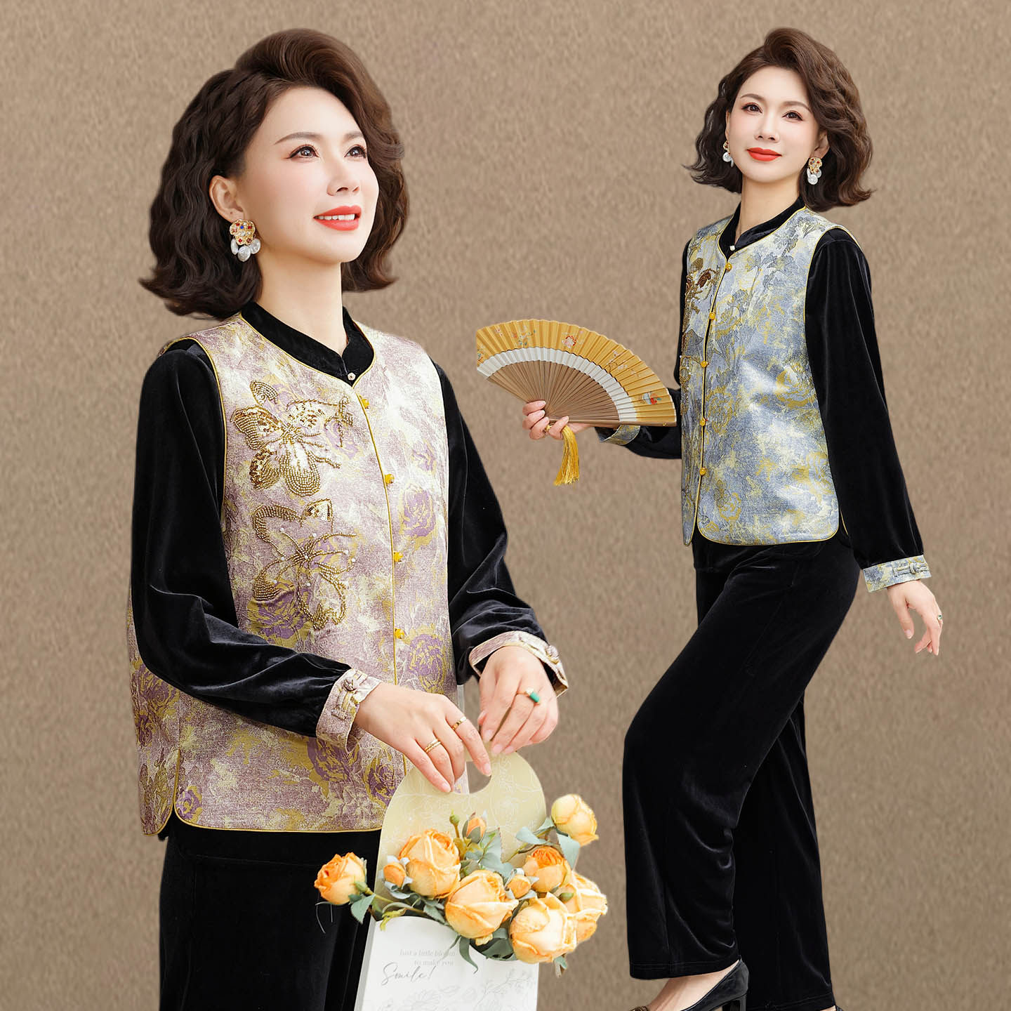 时尚妈妈春装金丝绒马甲套装女2026新款洋气中老年气质显瘦三件套