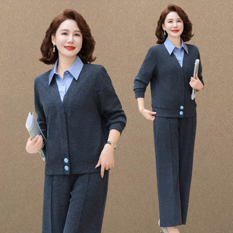 妈妈春装时尚套装2025新款中老年人洋气假两件上衣直筒裤两件套女