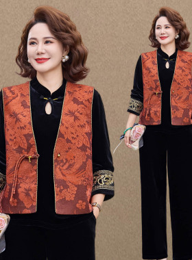 新中式妈妈春装国风提花马甲三件套女2026新款中老年人金丝绒套装