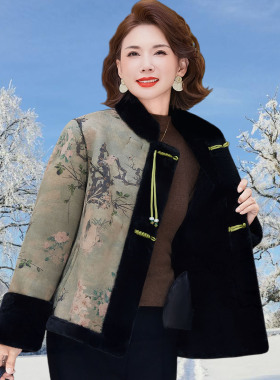 新中式妈妈冬装皮毛一体外套女双面穿中国风金貂绒中老年皮草大衣