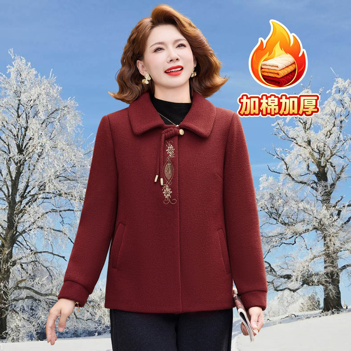 妈妈冬季水貂绒加棉外套女2026新款洋气中老年人加厚保暖毛呢大衣