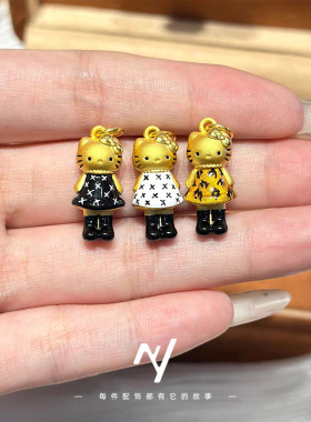 沙金可爱豹纹色KT猫吊坠项链轻小红书同款项链kt猫吊坠送女友礼物