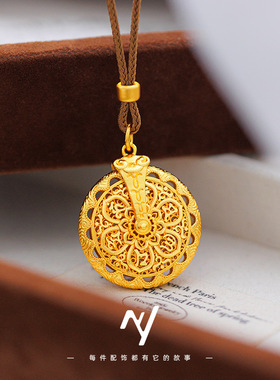 越南沙金国风古法金镂空花丝六字真言可转动挂绳吊坠挂绳项链批发