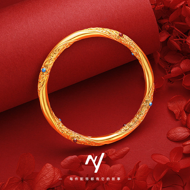 新中式国风唐草纹花丝手镯设计感珐琅彩花朵莫比乌斯手环素圈批发