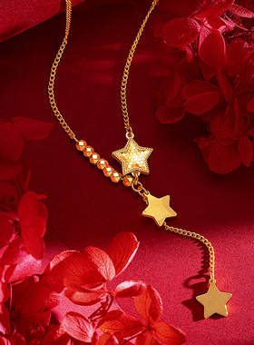 小众设计蹦迪珠鱼鳞五角星项链 沙金女款碎金子cnc龙鳞小星星套链