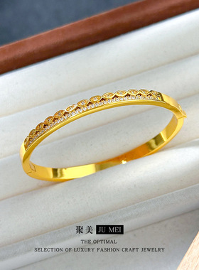 轻奢跨境高保色镀18K金时尚个性小钻排钻锆石卡扣手镯 沙金女手环
