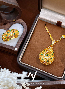 2026新款花丝绿钻贵气唐风琵琶乐宴套链戒指沙金套装新年送礼批发