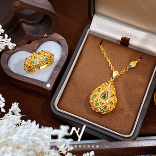 2026新款花丝绿钻贵气唐风琵琶乐宴套链戒指沙金套装新年送礼批发