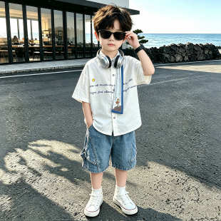 酷帅男童夏款衬衫套装2026新款男孩短袖薄款儿童夏季洋气时髦衣服