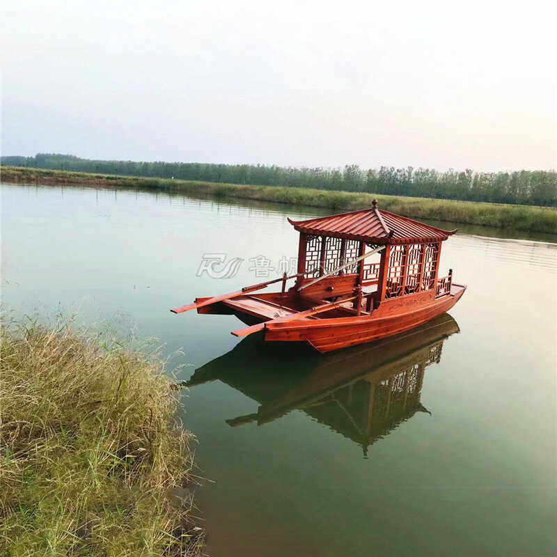 木船仿古手划水上餐饮船实木质单亭小型画舫船电动观光旅游船