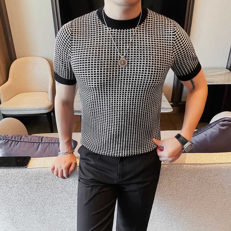 春季潮流撞色圆领短袖针织衫韩版修身男士休闲毛线t恤时尚打底衫