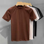 纯色百搭弹力圆领半袖 夏季 修身 T恤男士 痞帅上衣潮 纯色小高领短袖