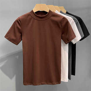 纯色百搭弹力圆领半袖 夏季 修身 T恤男士 痞帅上衣潮 纯色小高领短袖