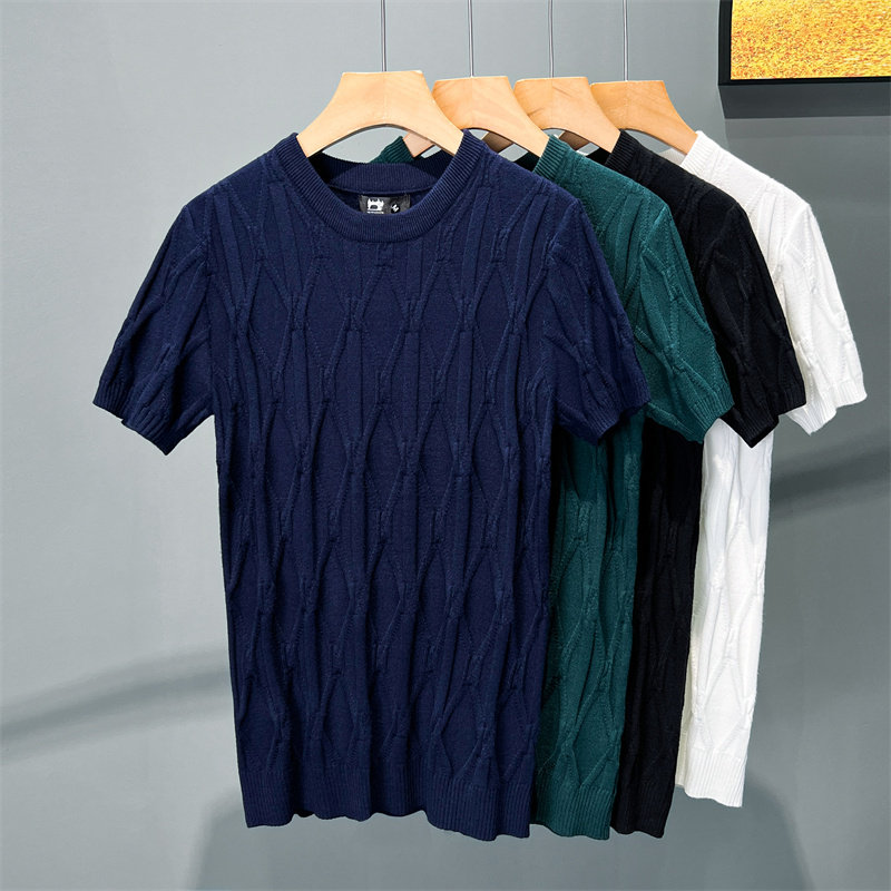 高端麻花纹理短袖针织衫男士修身圆领潮流T恤衫时尚休闲百搭上衣