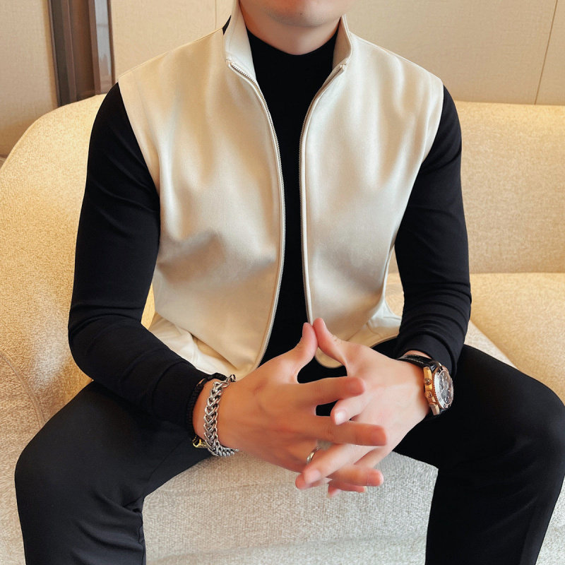 春季休闲立领马甲痞帅时尚男士拼接无袖外套韩版修身拉链百搭上衣