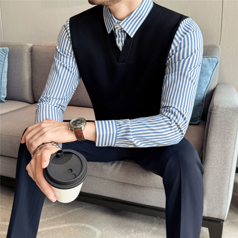 高级感条纹衬衫领拼接假两件毛衣男士休闲V领针织衫时尚保暖上衣