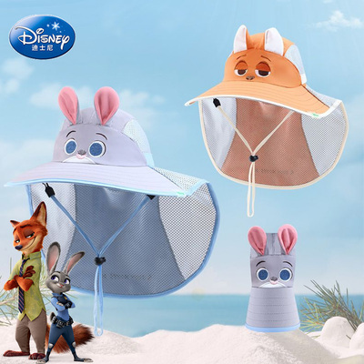 迪士尼疯狂动物城儿童防紫外线大帽檐太阳帽子男女童遮阳渔夫帽夏