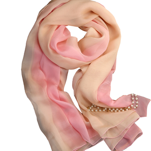 粉色渐变色100%桑蚕丝长款真丝丝巾围巾女纱巾披肩春秋冬夏季百搭