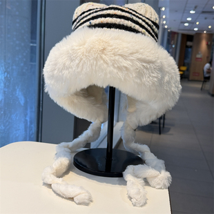 可爱猫耳朵毛绒针织帽女冬季加厚加绒保暖护耳帽甜美显脸小毛线帽