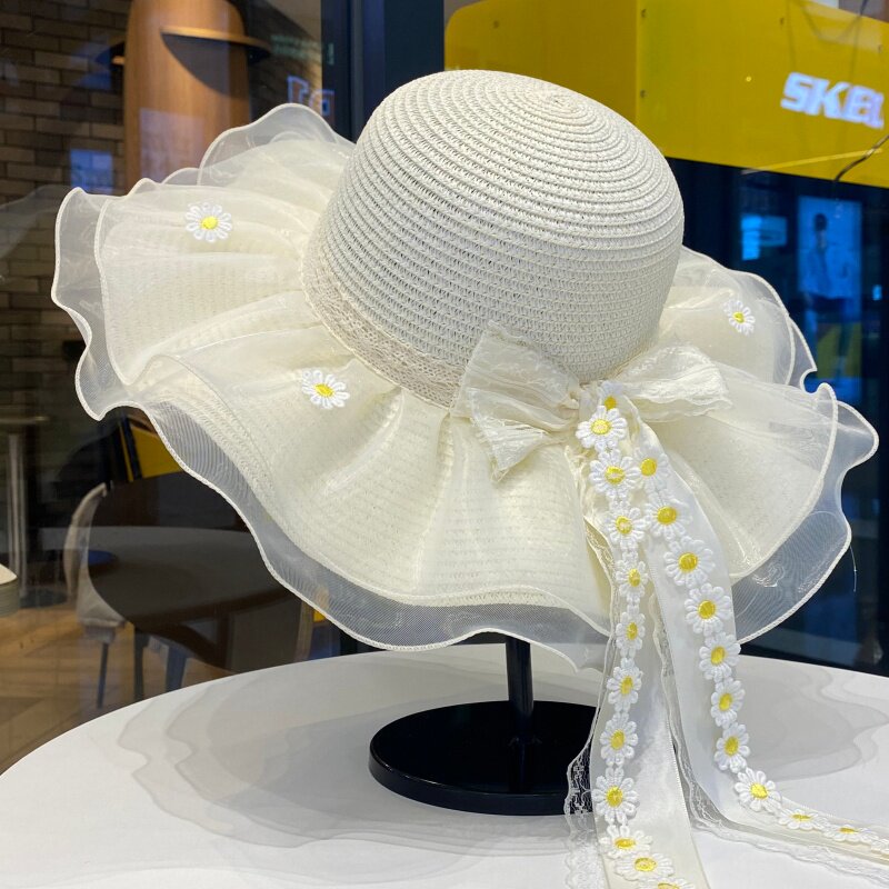 甜美小雏菊蕾丝飘带草帽女夏季户外度假海边大檐遮阳防晒帽可折叠