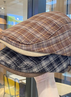 美式复古格子前进帽女春秋季新款鸭舌帽小众文艺显脸小报童画家帽