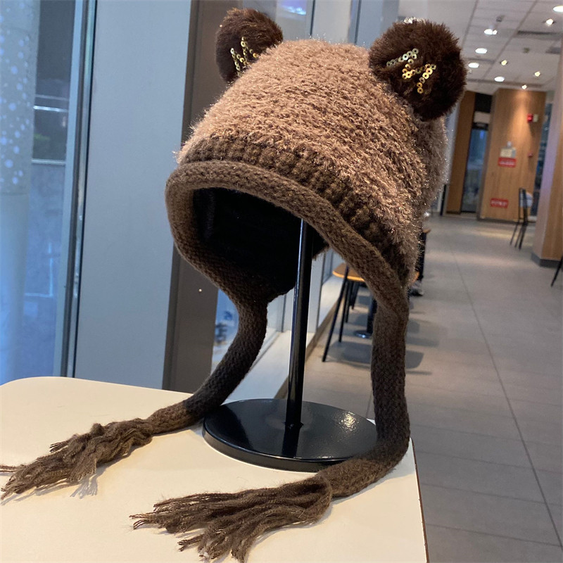 可爱小熊耳朵毛绒针织帽女秋冬季显脸小保暖包头帽加厚护耳套头帽