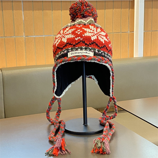 费尔岛风拼色手工针织帽子女冬季防寒保暖护耳雷锋帽显脸小毛线帽