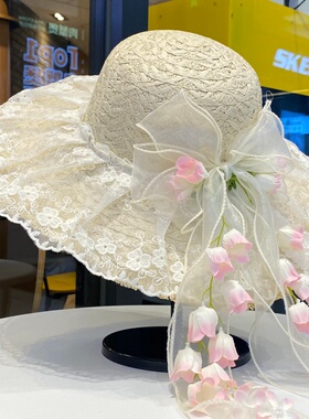 蕾丝花朵飘带防晒草帽女夏季度假海边沙滩太阳帽甜美百搭遮阳帽子