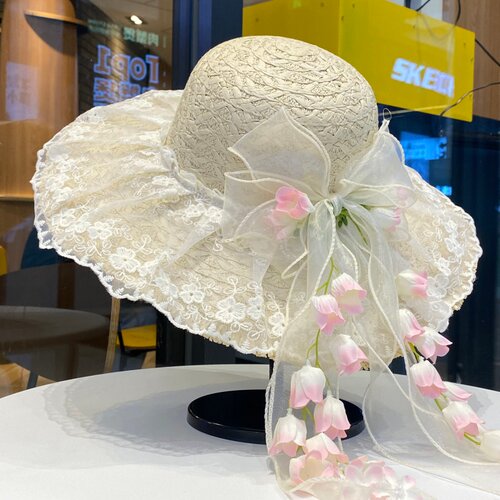 蕾丝花朵飘带草帽女夏季海边沙滩