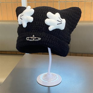 卡通搞怪米奇小手套头帽秋冬季 甜美可爱百搭显脸小毛线帽针织冷帽