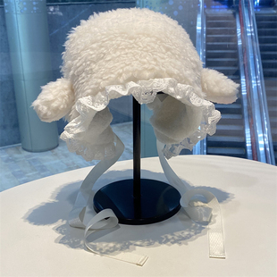 甜美可爱毛绒套头帽女冬天防寒保暖绑带雷锋帽大头围显脸小护耳帽