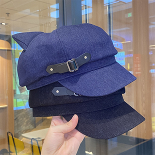 小众复古猫耳朵鸭舌帽子女春秋季 甜美可爱皮扣贝雷帽显脸小棒球帽