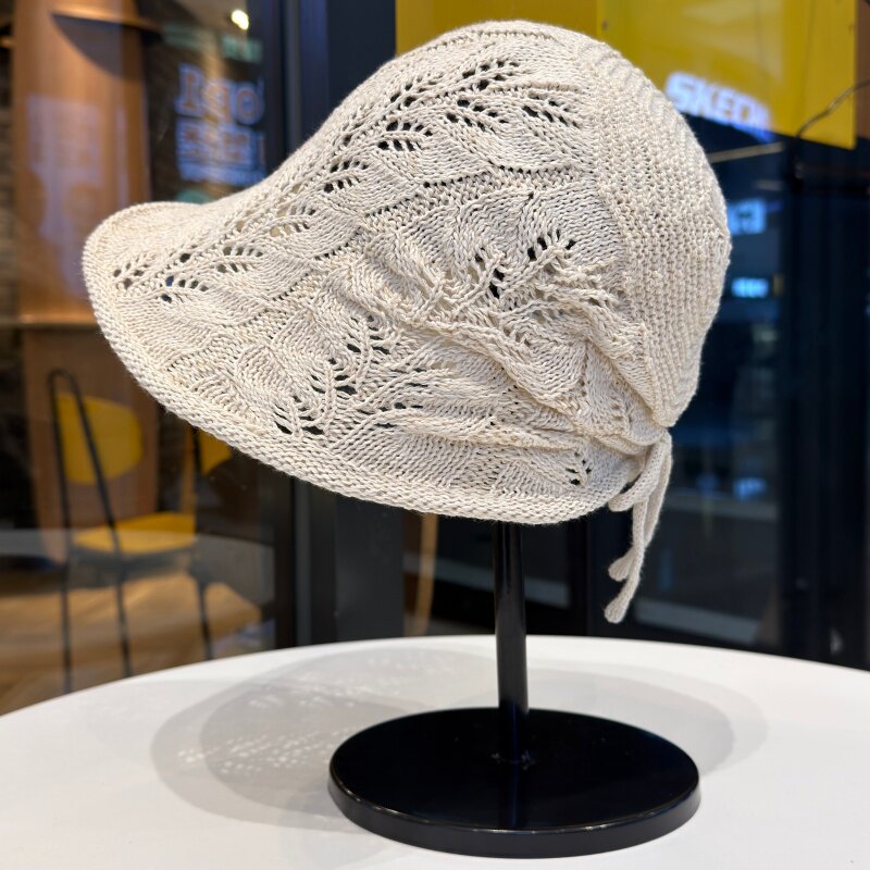 日系镂空针织渔夫帽女夏季显脸小百搭遮阳盆帽皱褶系带包头堆堆帽