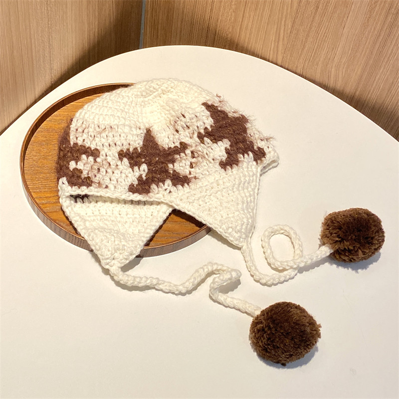 五角星绑带雷锋帽手工针织毛线帽