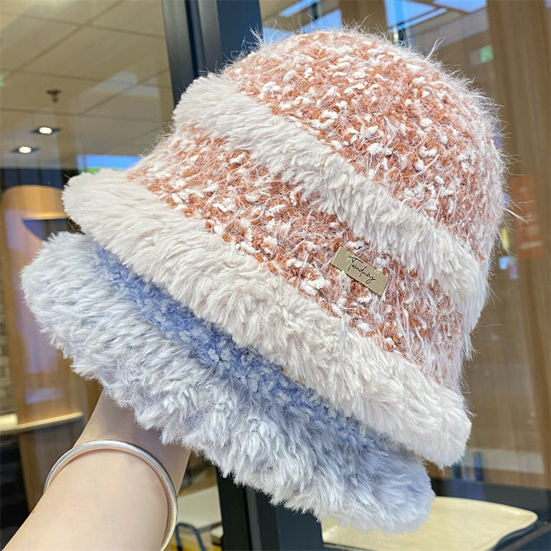 韩版拼接针织毛绒渔夫帽子女秋冬季防寒保暖护耳帽时尚显脸小盆帽