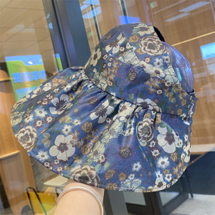 大檐时尚 新款 防晒太阳帽出游可扎马尾遮阳帽 碎花空顶帽女夏季 韩版