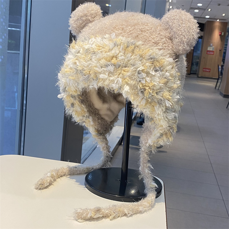 甜美可爱小熊耳朵毛绒套头帽女冬