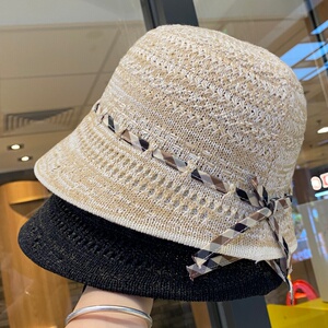 夏季格纹蝴蝶结渔夫帽女户外薄款防晒遮阳帽时尚百搭显脸小盆帽子