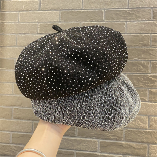 百搭南瓜画家帽云朵八角帽 亮丝时尚 韩版 手工烫钻贝雷帽女春秋新款