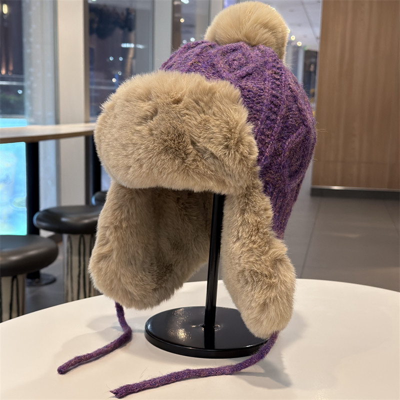 甜美可爱毛绒雷锋帽女冬季骑行防风防寒护耳帽加厚毛球针织毛线帽